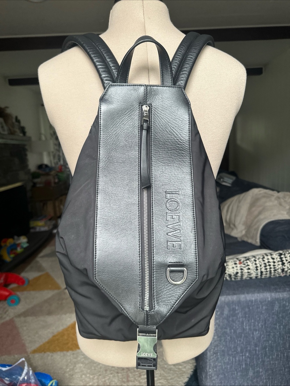 Loewe Medium Convertible Backpack Black Calfskin Leather Nylon Made In Spain